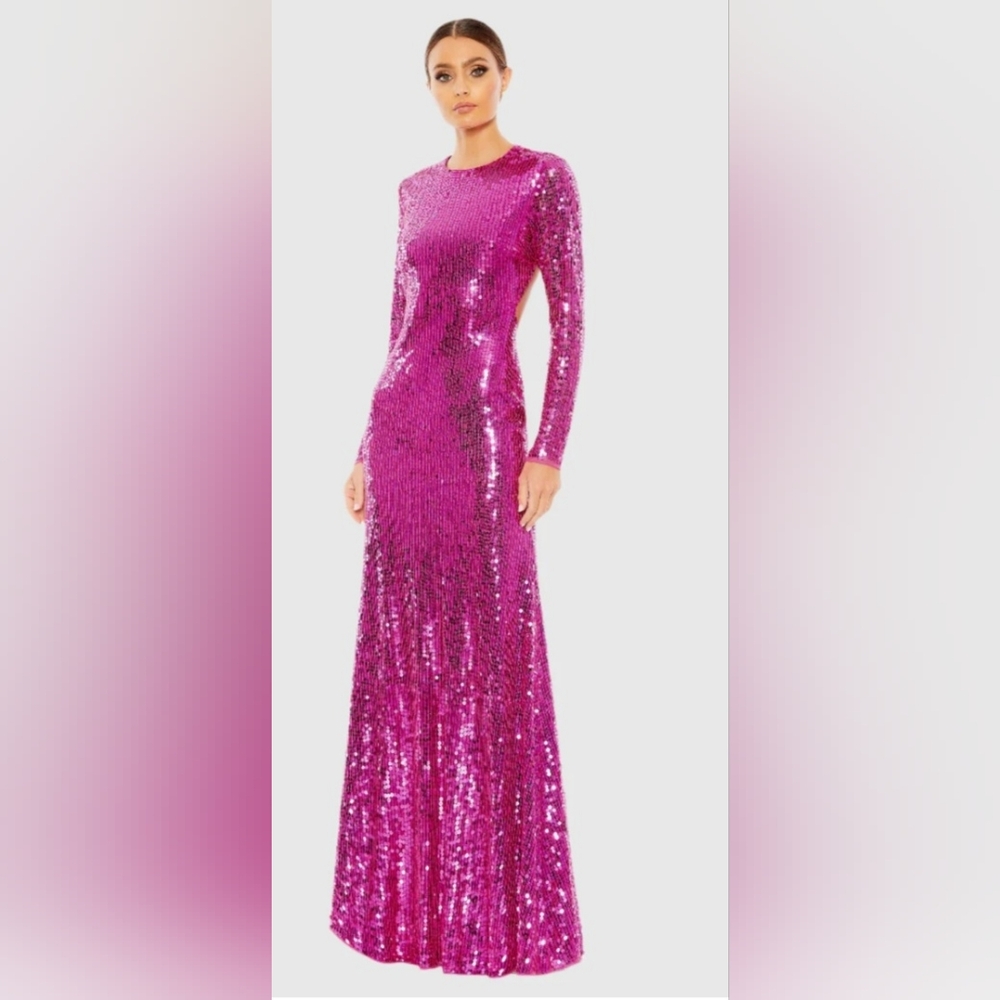 Mac Duggal 10824 Sequined Long Sleeve High Neck Open Back Gown Sz 2 Fuchsia NWT